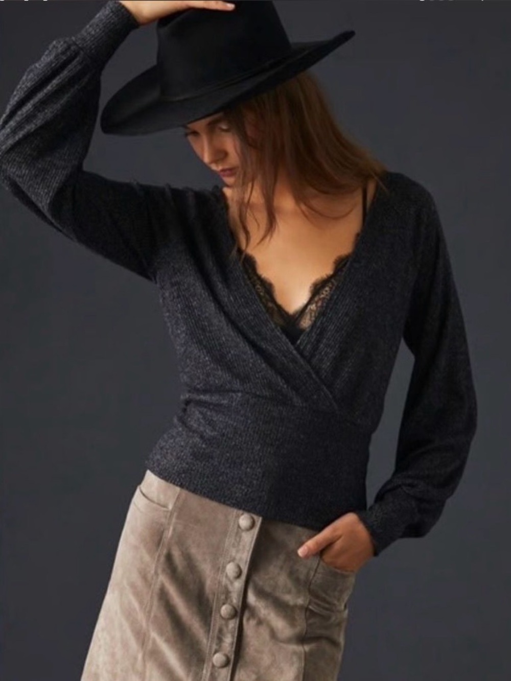 Black Anthropology Ribbed Wrap Long Sleeve Top M